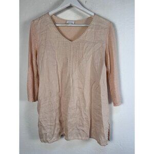 J.Jill Love Linen Womens Peach 3/4 Sleeve V-Neck Pintuck Tunic Top Medium Casual